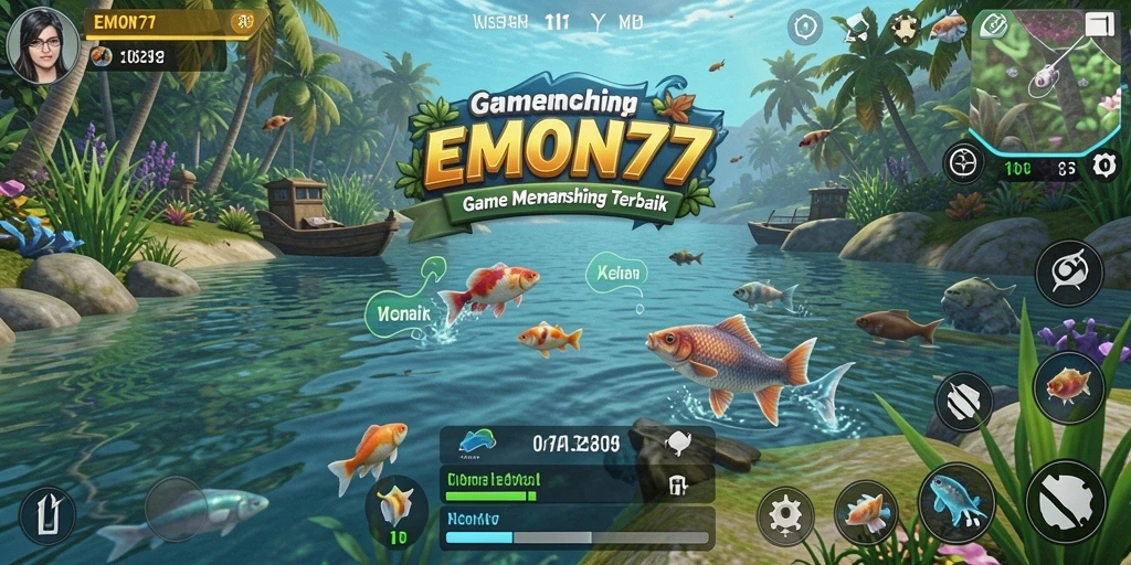 Tampilan gameplay memancing seru di EMON77 dengan banyak pilihan lokasi.