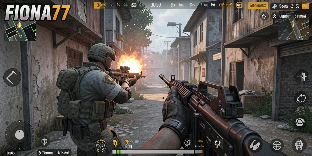 Screenshot utama FIONA77 menunjukkan aksi intens dalam pertempuran FPS.