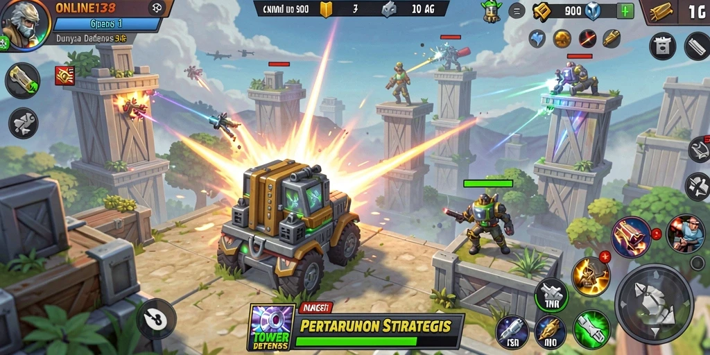 Tampilan screenshot utama menunjukkan aksi mendebarkan dalam gameplay Tower Defense.